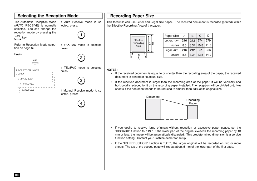 Toshiba DP85F, DP80F manual Selecting the Reception Mode Recording Paper Size 