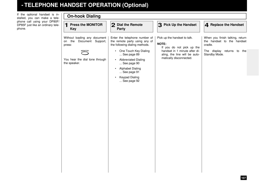 Toshiba DP80F, DP85F manual Telephone Handset Operation Optional, On-hook Dialing 