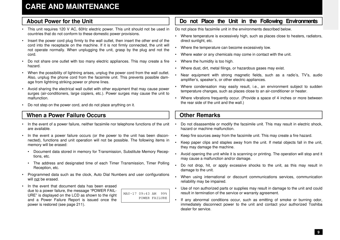 Toshiba DP80F, DP85F manual Care and Maintenance, About Power for the Unit, When a Power Failure Occurs, Other Remarks 