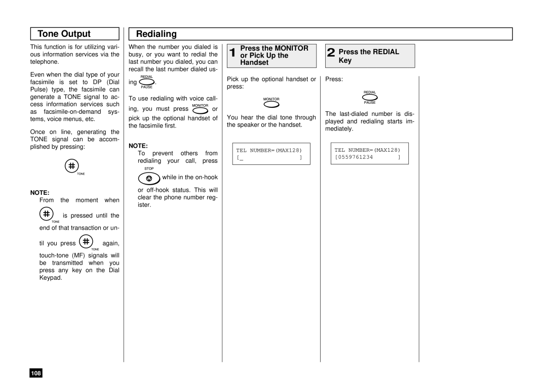 Toshiba DP85F, DP80F manual Tone Output, Press the Monitor Press the Redial, Or Pick Up, Handset Key 