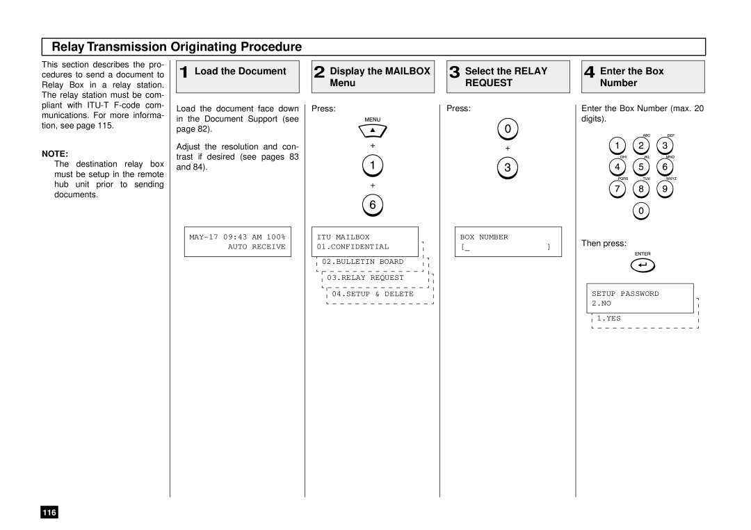 Toshiba DP85F, DP80F manual Relay Transmission Originating Procedure, Display the Mailbox Menu, Select the Relay Request 