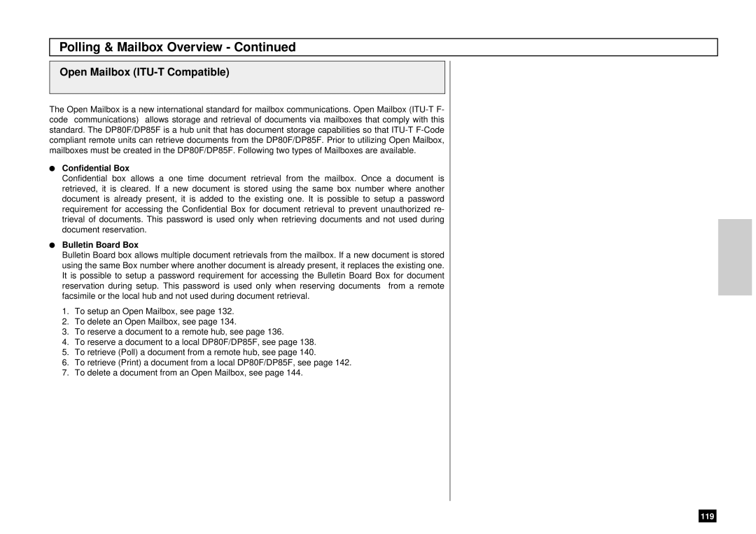 Toshiba DP80F, DP85F manual Open Mailbox ITU-T Compatible, Confidential Box, Bulletin Board Box 