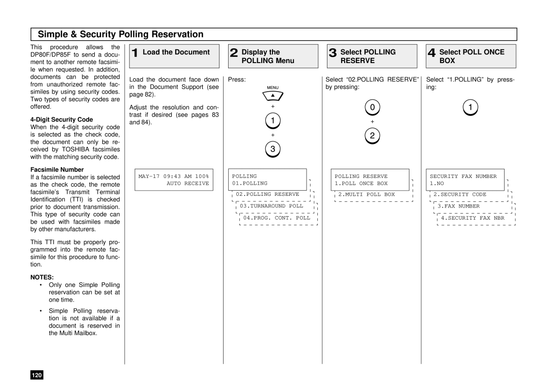 Toshiba DP85F, DP80F manual Simple & Security Polling Reservation, Polling Menu Select Polling Select Poll Once, Reserve BOX 