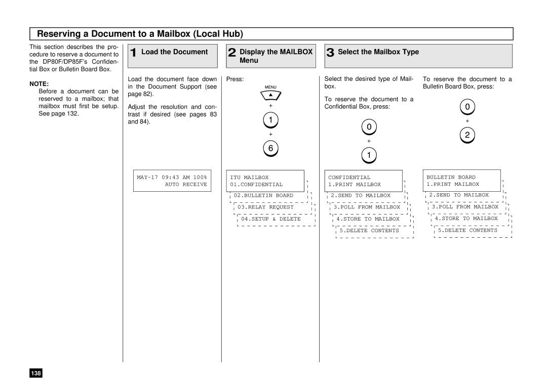 Toshiba DP85F, DP80F manual Reserving a Document to a Mailbox Local Hub, Load the Document 