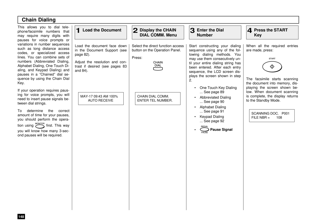 Toshiba DP85F, DP80F manual Chain Dialing, Display the Chain Dial COMM. Menu, Enter the Dial Number, Pause Signal 