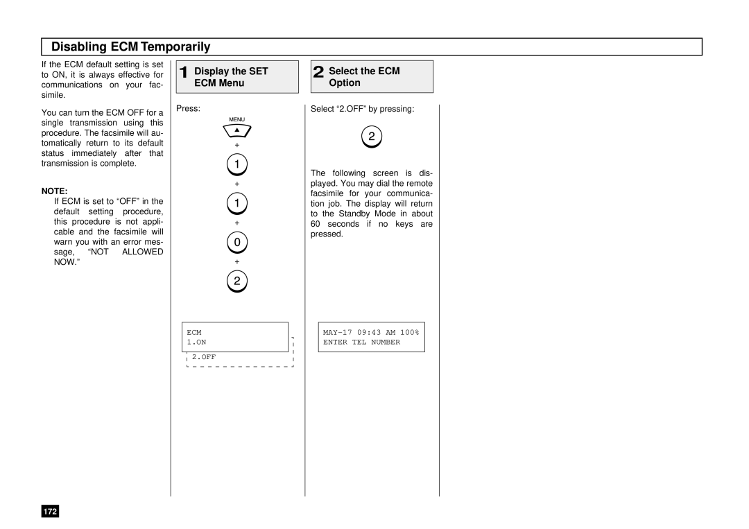 Toshiba DP85F, DP80F manual Disabling ECM Temporarily, Display the SET ECM Menu, Select the ECM Option 