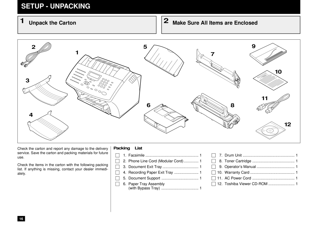 Toshiba DP85F, DP80F manual Setup Unpacking, Unpack the Carton Make Sure All Items are Enclosed 