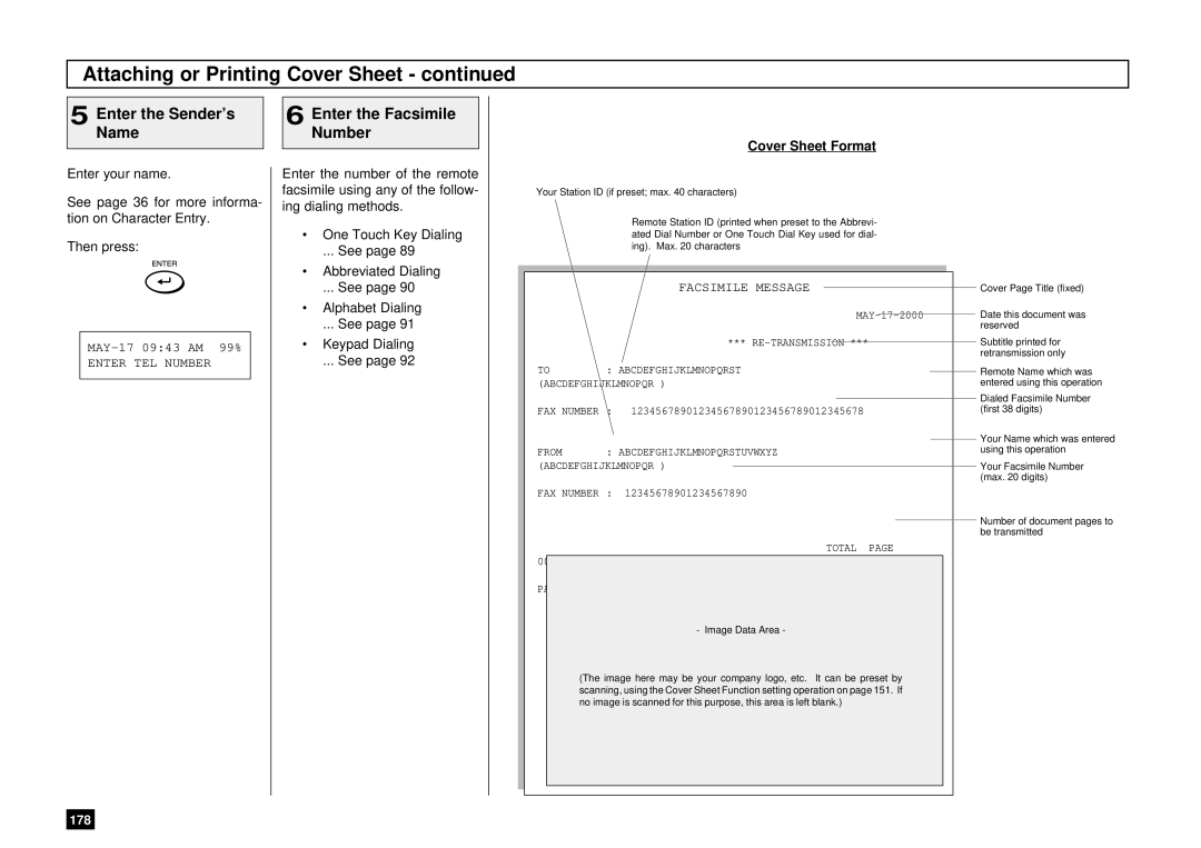 Toshiba DP85F Attaching or Printing Cover Sheet, Enter the Sender’s, Name Number, Enter the Facsimile, Cover Sheet Format 