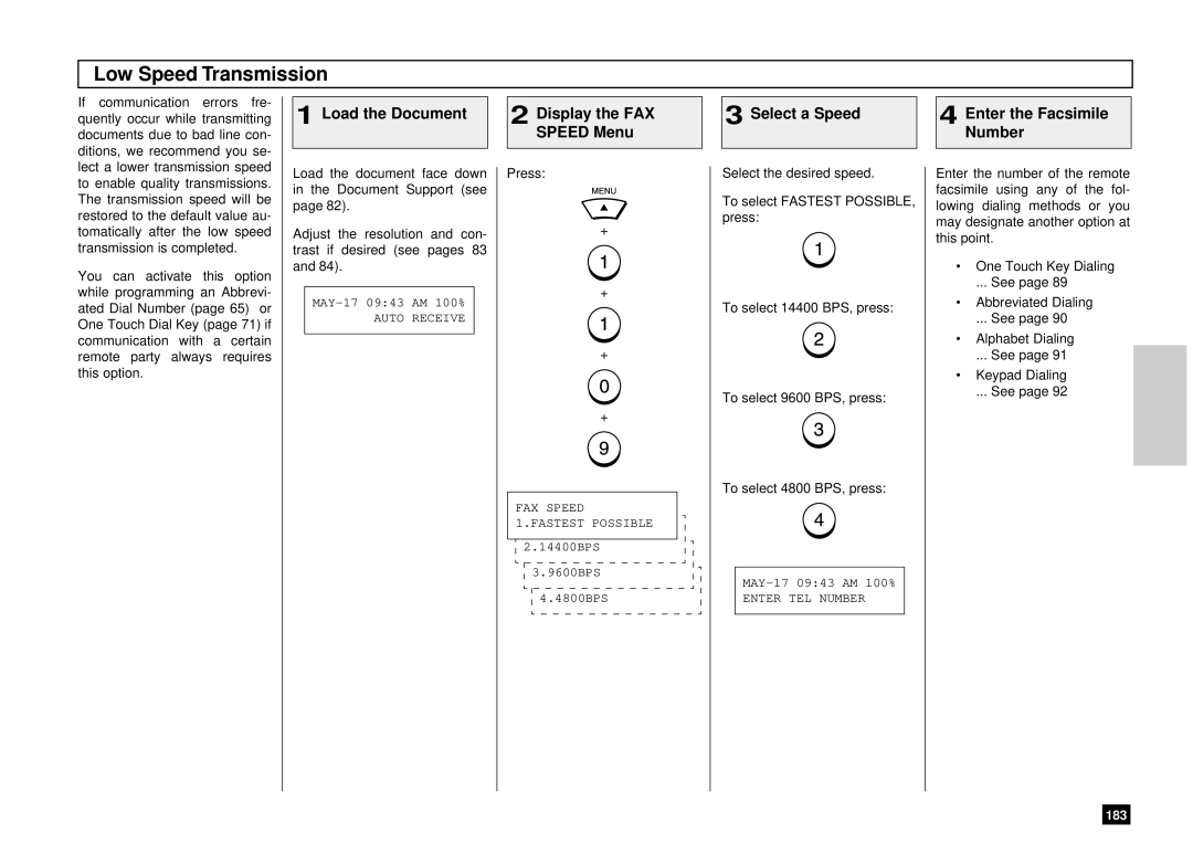 Toshiba DP80F, DP85F Low Speed Transmission, Load the Document Display the FAX, Select a Speed Enter the Facsimile Number 
