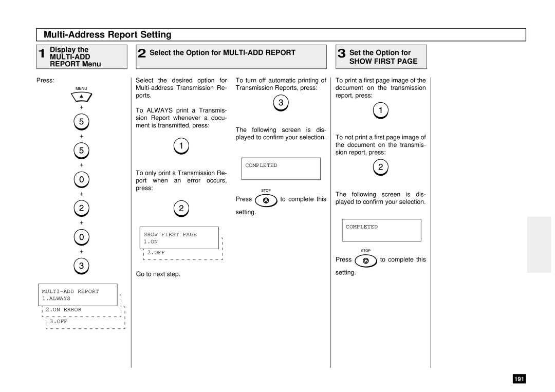 Toshiba DP80F, DP85F Multi-Address Report Setting, Report Menu Select the Option for MULTI-ADD Report, Set the Option for 