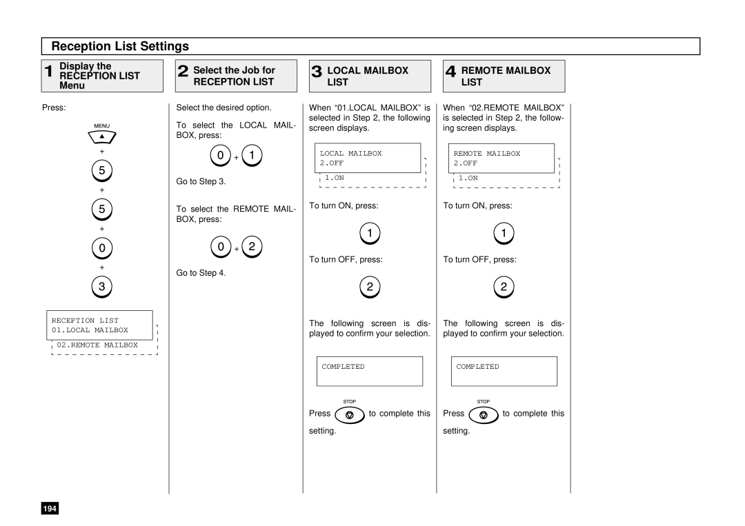 Toshiba DP85F, DP80F manual Reception List Settings, Menu Select the Job for, Local Mailbox Remote Mailbox Reception List 