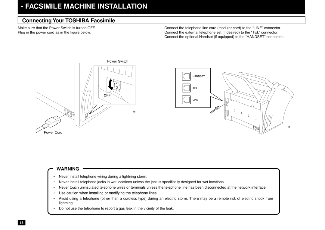 Toshiba DP85F, DP80F manual Facsimile Machine Installation, Connecting Your Toshiba Facsimile 