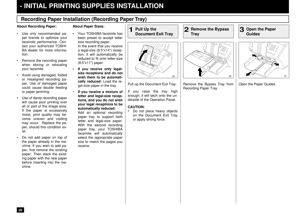 Toshiba DP85F manual Initial Printing Supplies Installation, Recording Paper Installation Recording Paper Tray, Tray Guides 