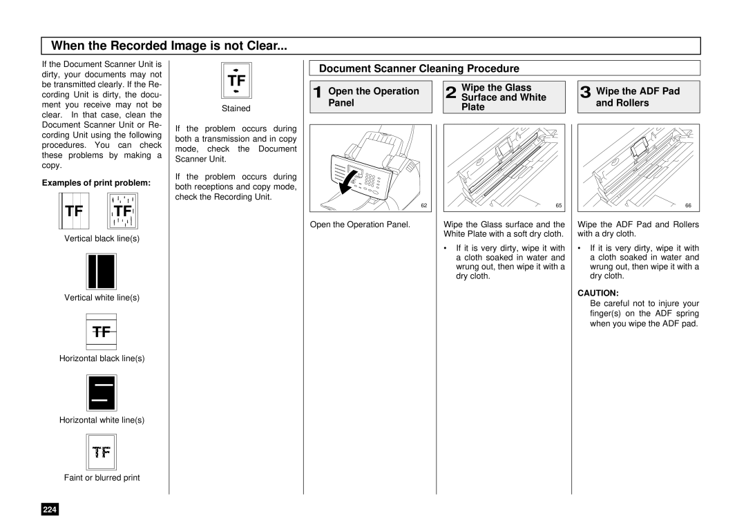 Toshiba DP85F, DP80F When the Recorded Image is not Clear, Document Scanner Cleaning Procedure, Examples of print problem 