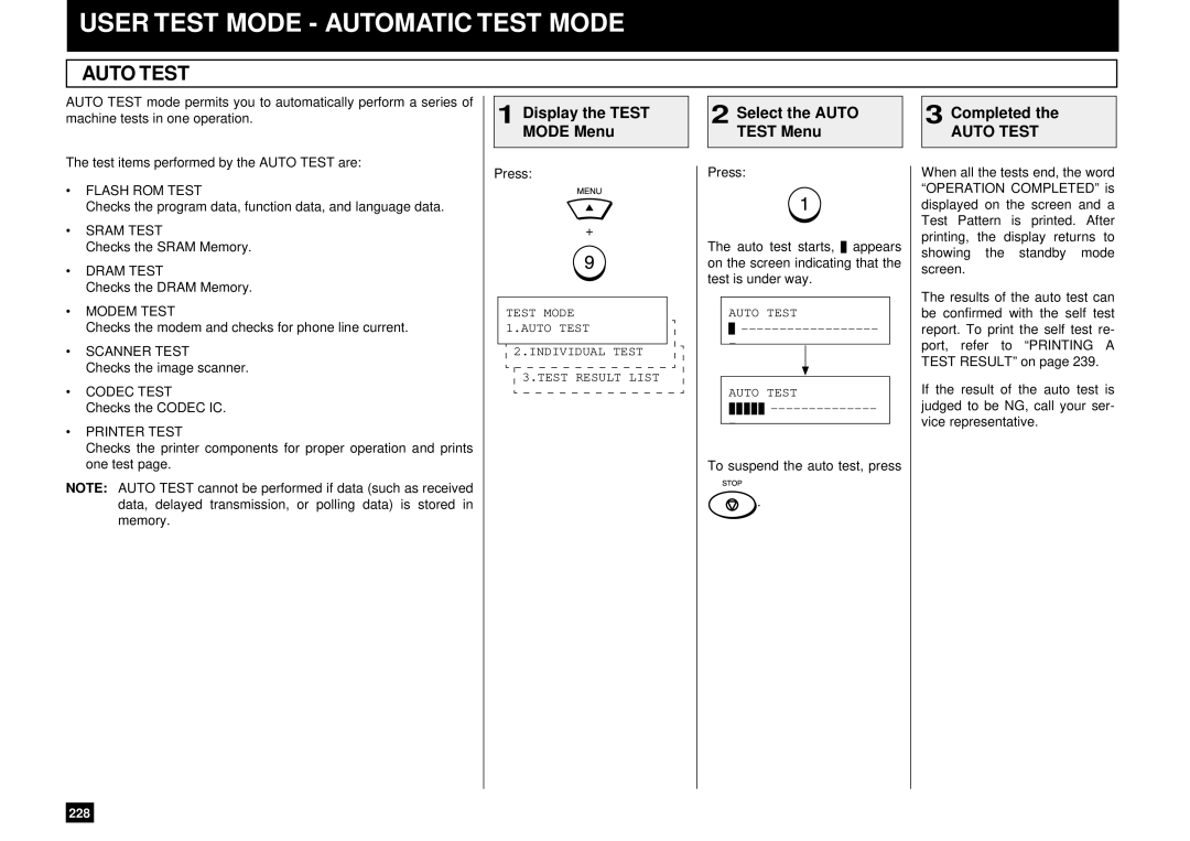 Toshiba DP85F, DP80F User Test Mode Automatic Test Mode, Display the Test Select the Auto Completed, Mode Menu Test Menu 