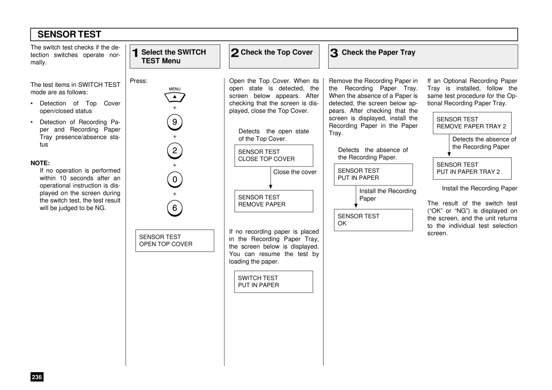 Toshiba DP85F, DP80F manual Sensor Test, Check the Top Cover Check the Paper Tray 