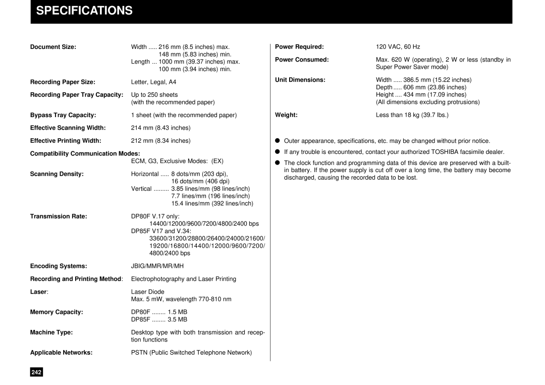 Toshiba DP85F, DP80F manual Specifications 