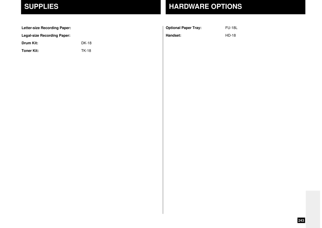 Toshiba DP80F, DP85F manual Supplies, Hardware Options, Optional Paper Tray FU-18L HandsetHD-18 