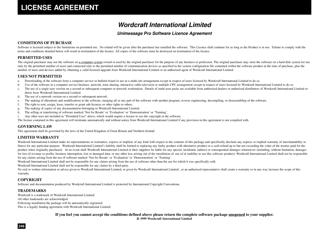 Toshiba DP85F, DP80F manual License Agreement, Wordcraft International Limited 