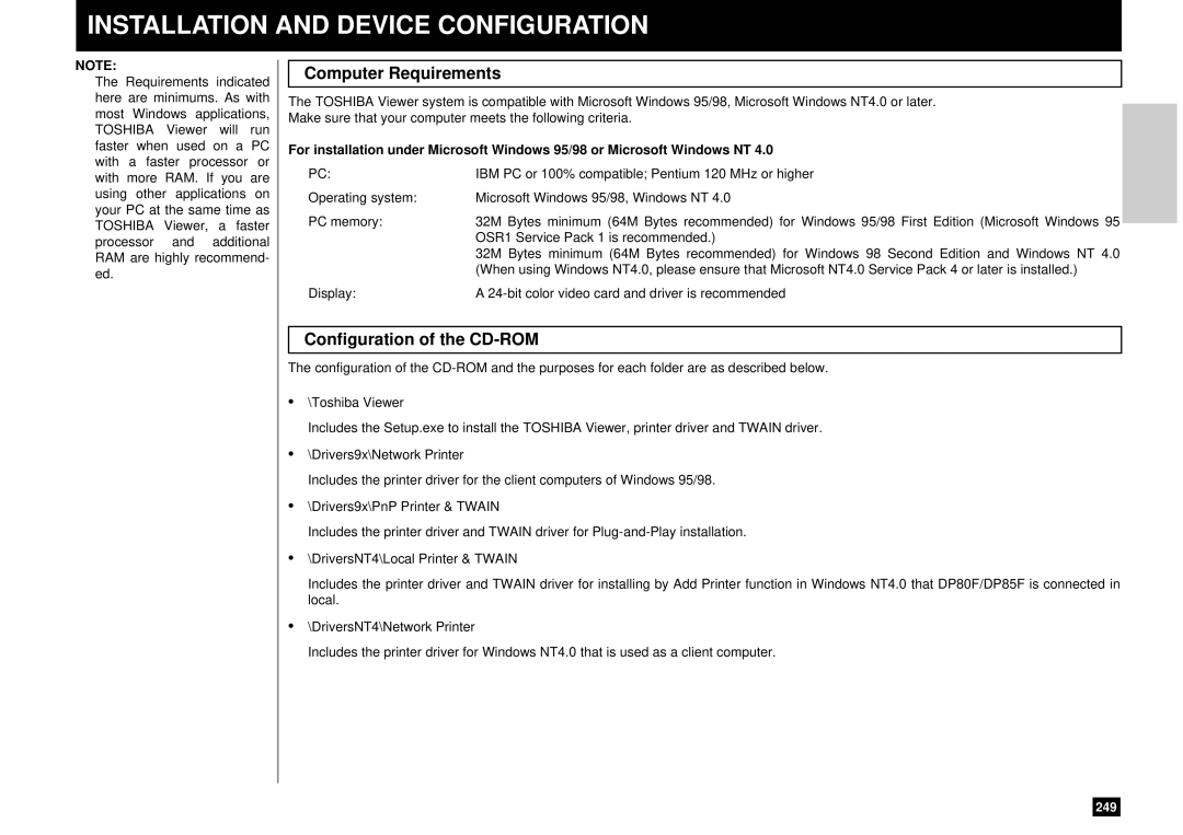 Toshiba DP80F, DP85F manual Installation and Device Configuration, Computer Requirements, Configuration of the CD-ROM 