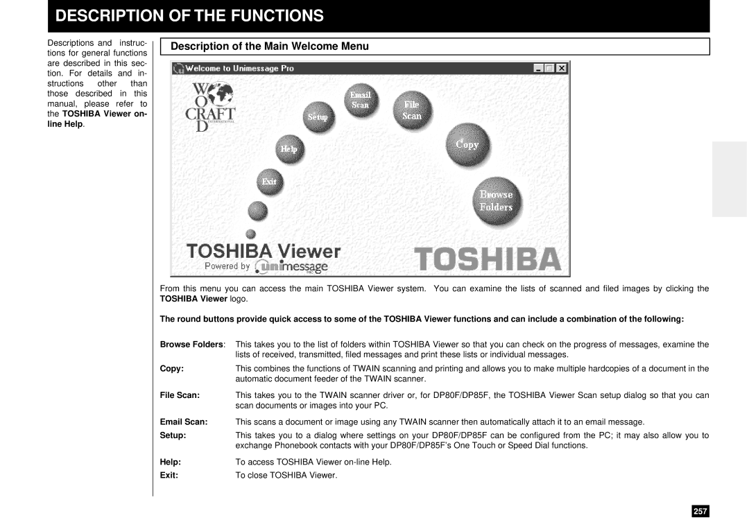 Toshiba DP80F, DP85F manual Description of the Functions, Description of the Main Welcome Menu 