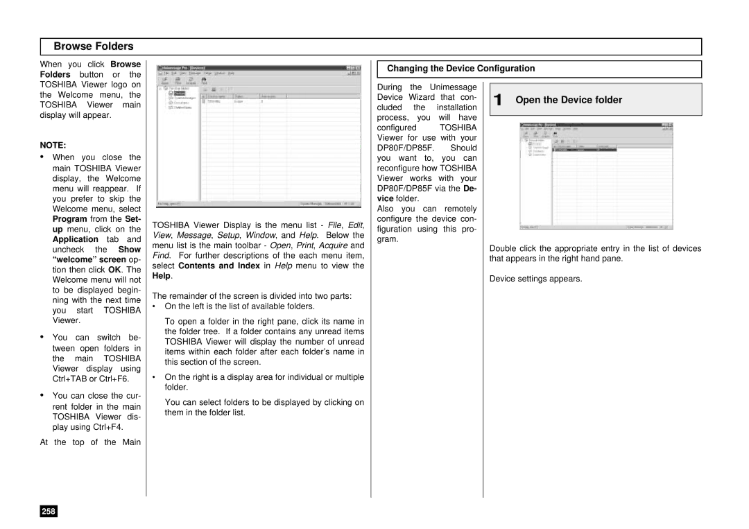 Toshiba DP85F, DP80F manual Browse Folders, Open the Device folder, Changing the Device Configuration, Application, Help 