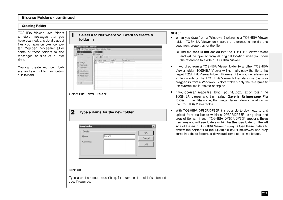 Toshiba DP80F, DP85F manual Select a folder where you want to create a, Type a name for the new folder, Creating Folder 