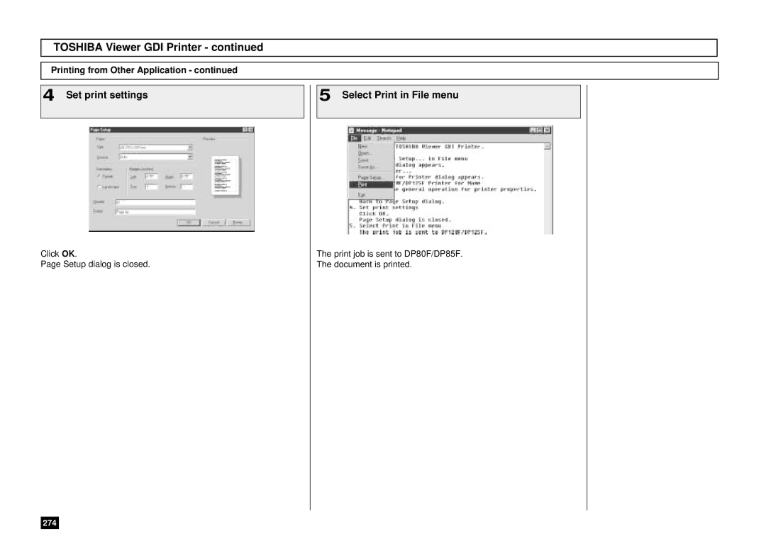 Toshiba DP85F, DP80F manual Set print settings Select Print in File menu, Click OK Setup dialog is closed 