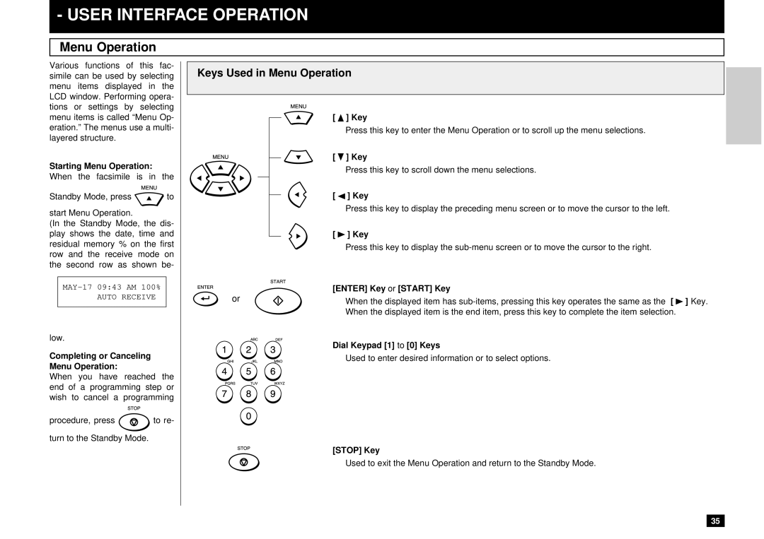 Toshiba DP80F, DP85F manual User Interface Operation, Keys Used in Menu Operation 