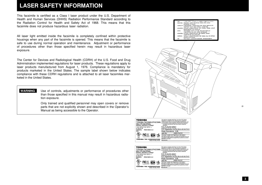 Toshiba DP80F, DP85F manual Laser Safety Information 