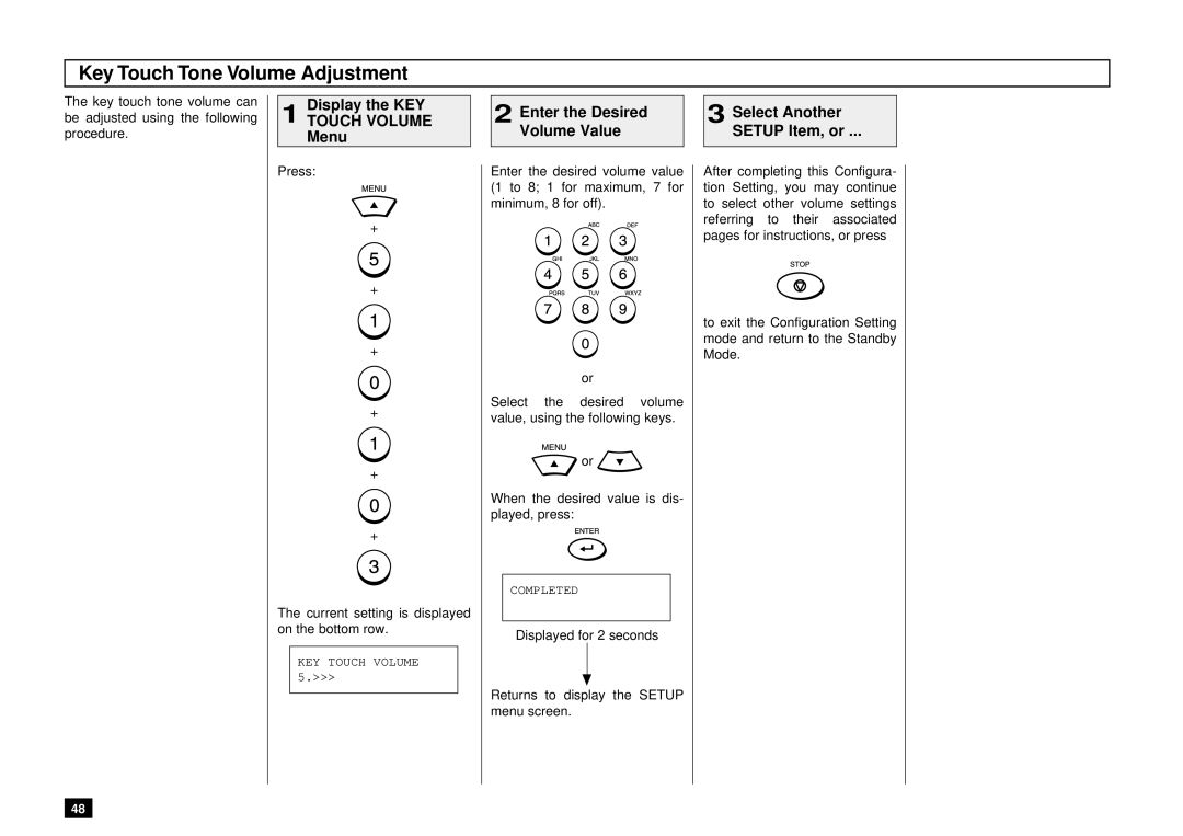 Toshiba DP85F, DP80F manual Key Touch Tone Volume Adjustment, Display the KEY, Touch Volume, Menu 