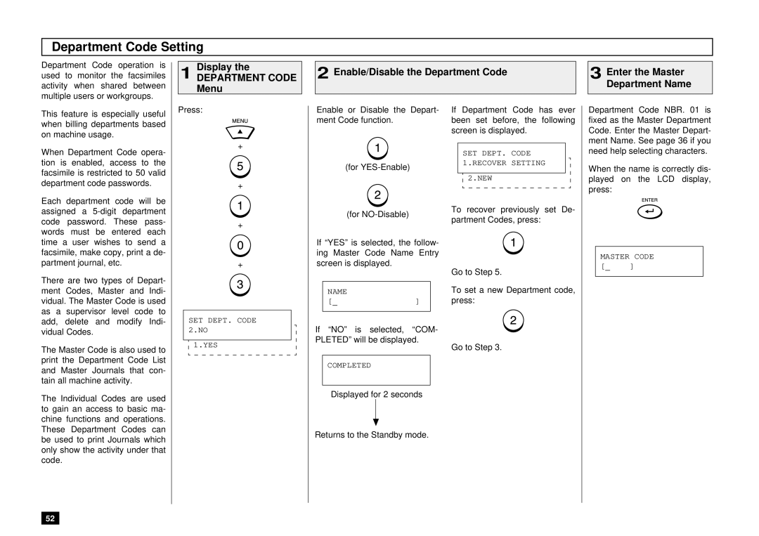 Toshiba DP85F manual Department Code Setting, Display, Enable/Disable the Department Code, Enter the Master Department Name 