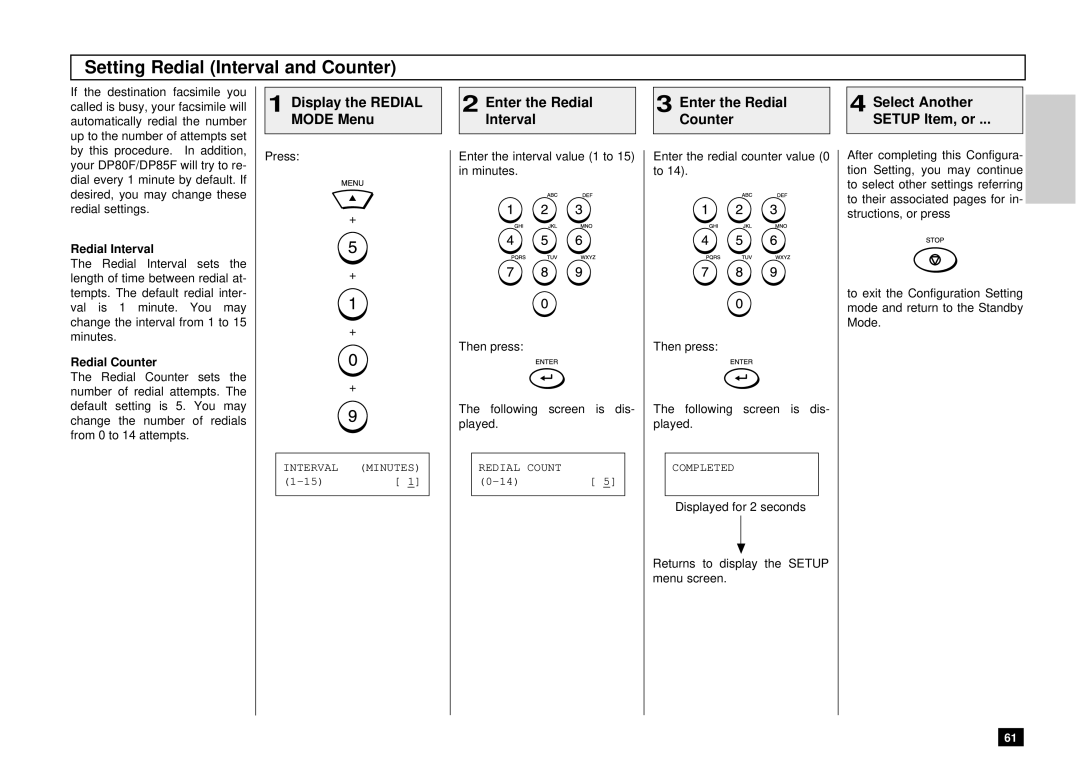 Toshiba DP80F, DP85F manual Setting Redial Interval and Counter, Redial Counter 