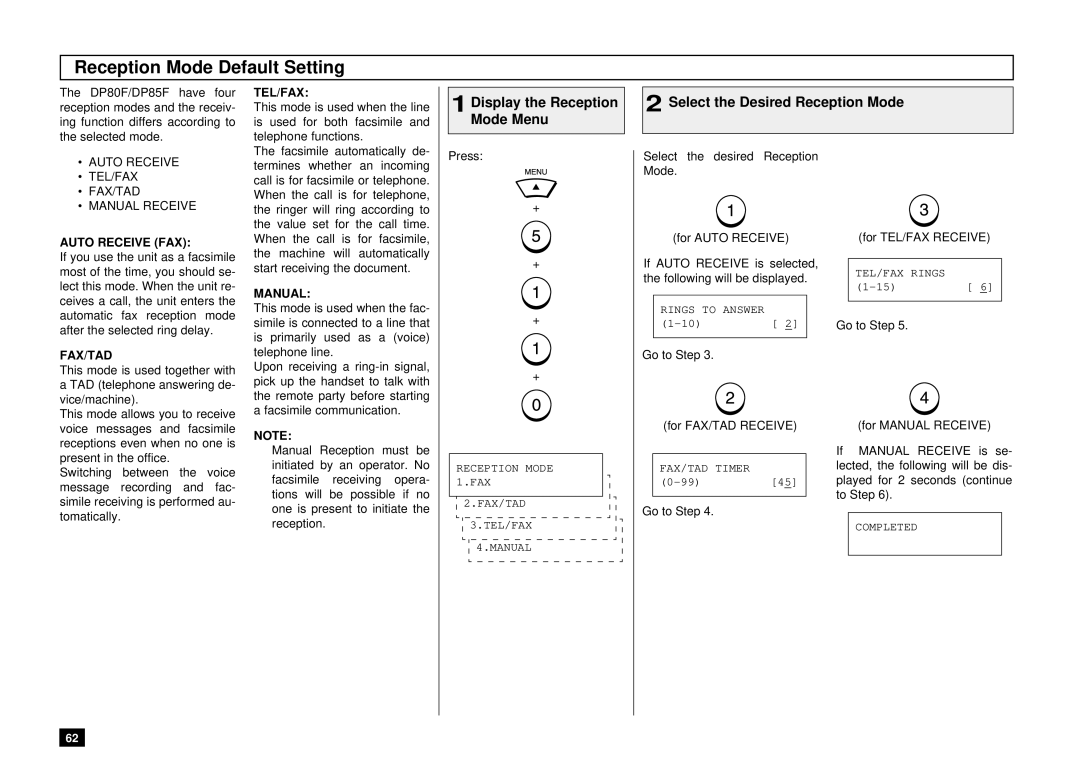 Toshiba DP85F, DP80F Reception Mode Default Setting, Select the Desired Reception Mode, Display the Reception Mode Menu 