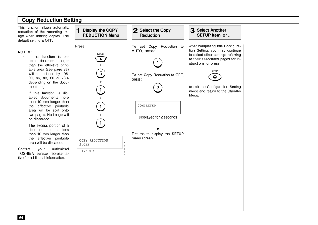 Toshiba DP85F, DP80F manual Copy Reduction Setting, Select the Copy Select Another Reduction Setup Item, or 