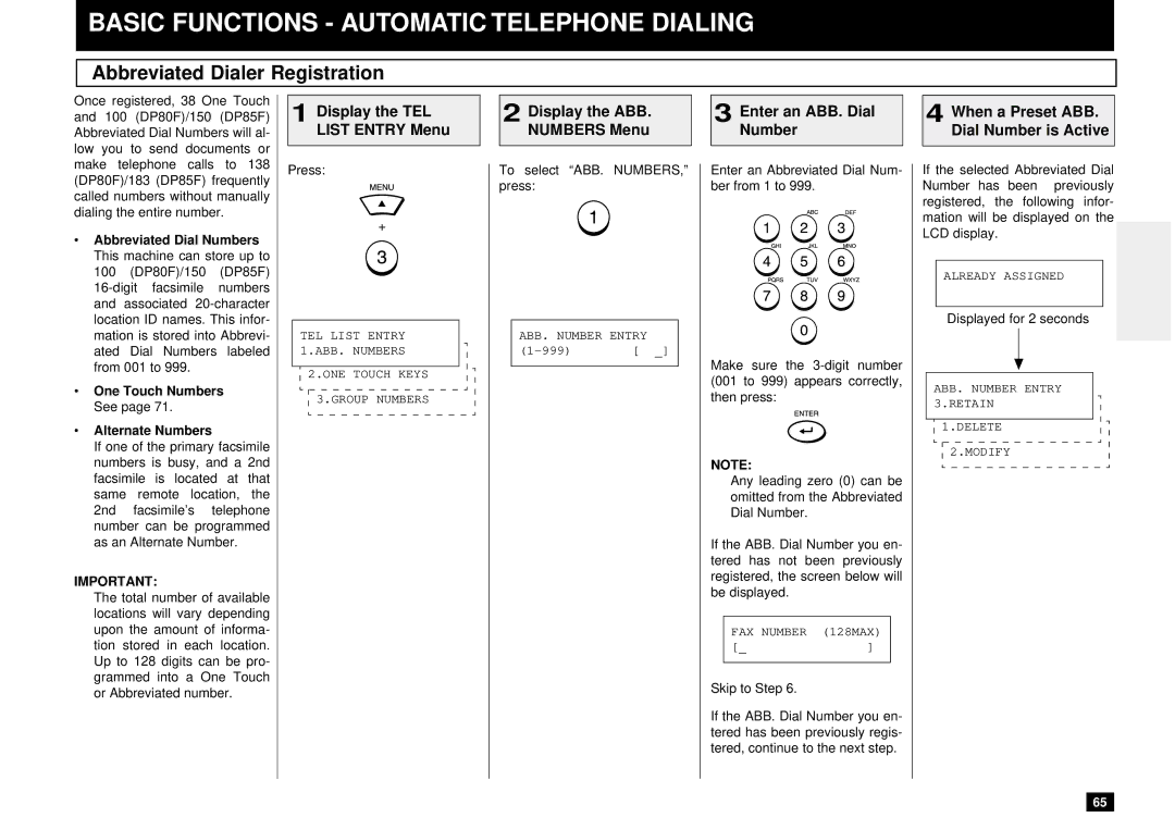 Toshiba DP80F, DP85F manual Basic Functions Automatic Telephone Dialing, Abbreviated Dialer Registration 