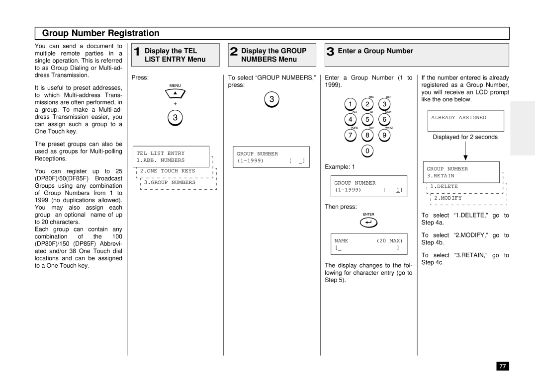 Toshiba DP80F, DP85F manual Group Number Registration, Display the Group Enter a Group Number 