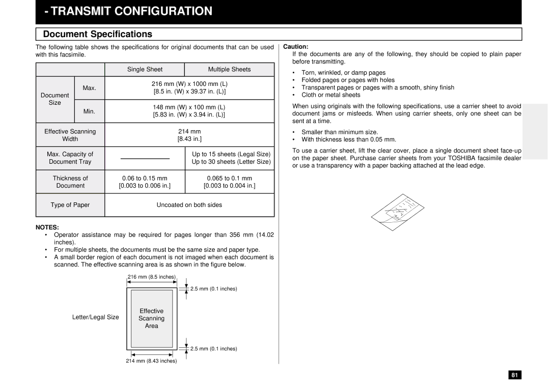 Toshiba DP80F, DP85F manual Transmit Configuration, Document Specifications 