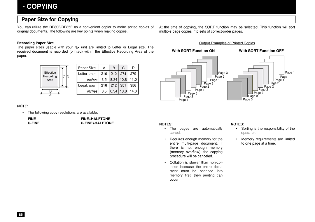 Toshiba DP85F, DP80F manual Paper Size for Copying, Recording Paper Size 