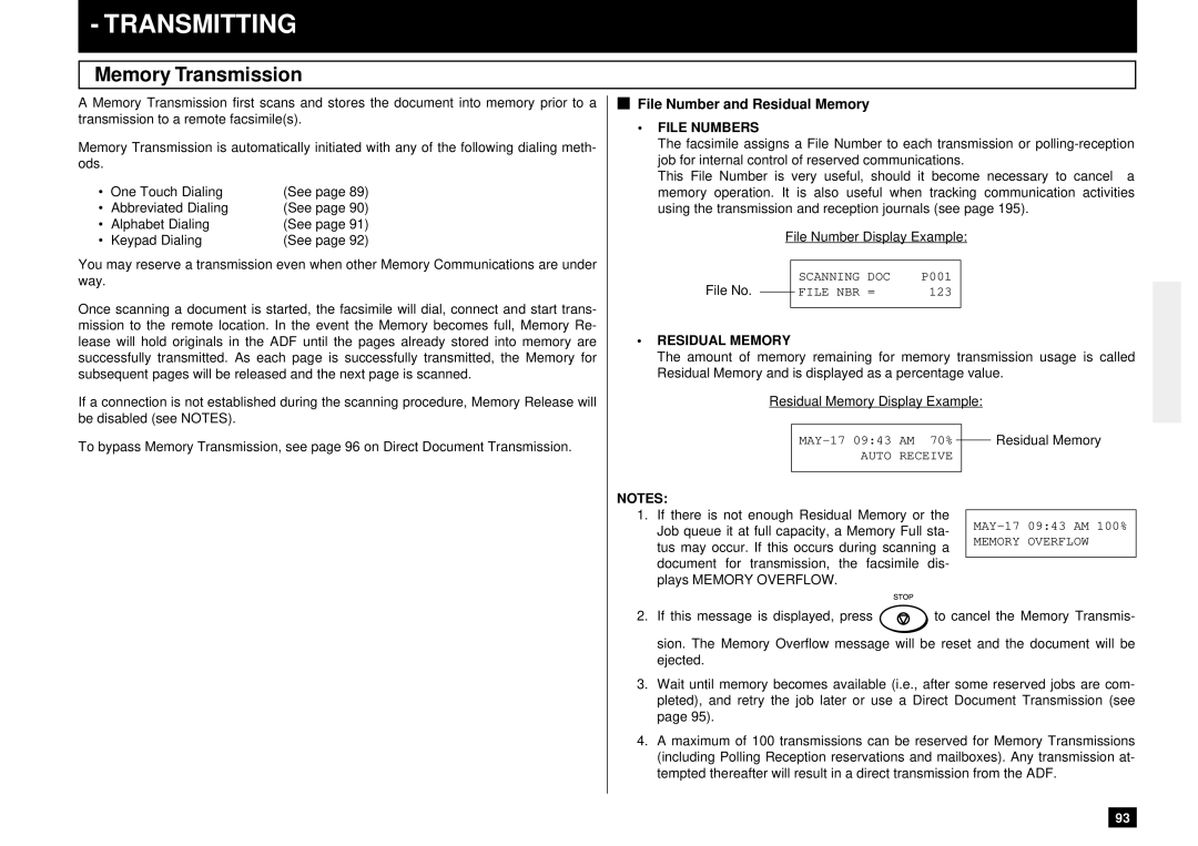 Toshiba DP80F, DP85F manual Transmitting, Memory Transmission, File Number and Residual Memory 