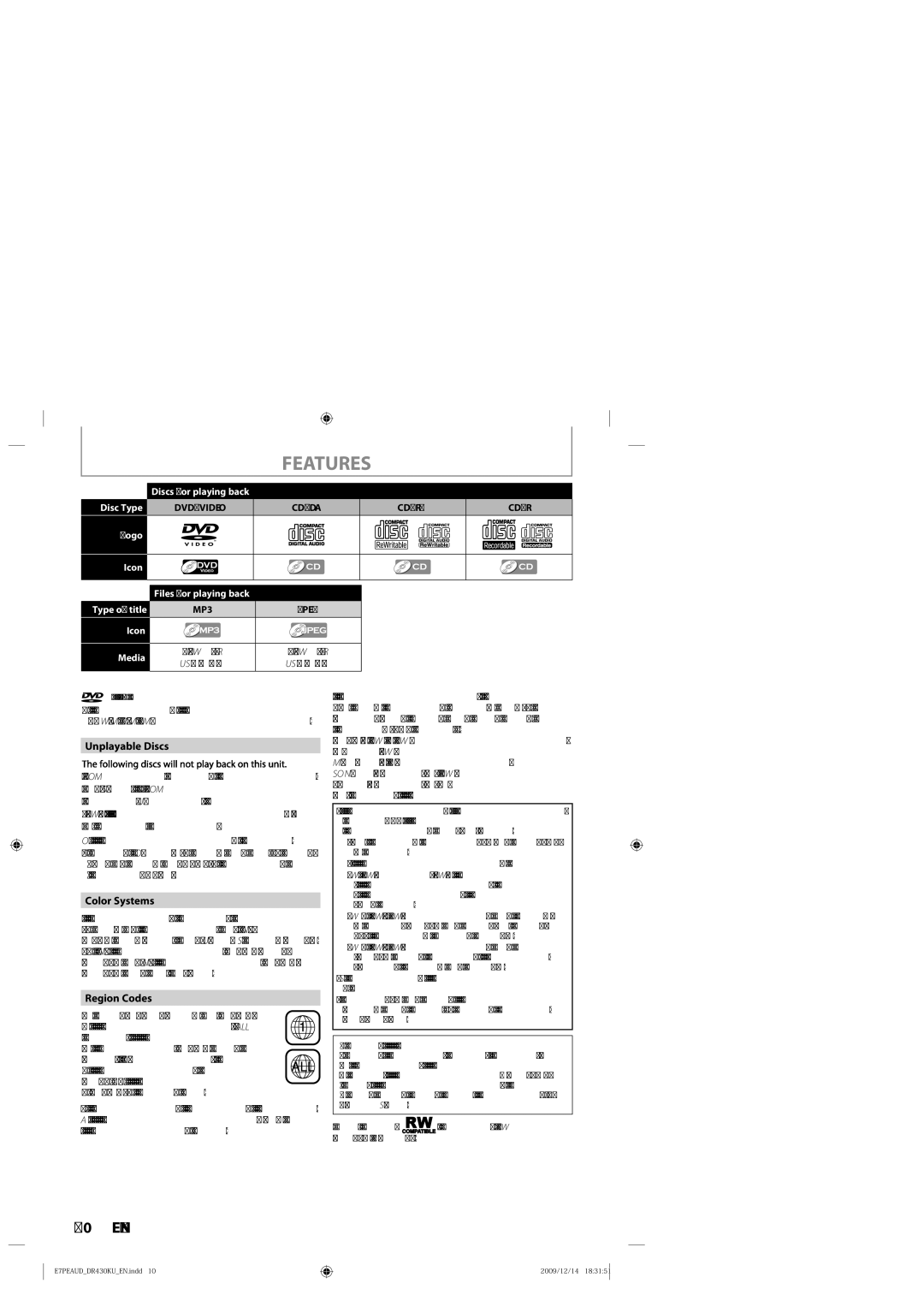 Toshiba DR430 owner manual Unplayable Discs, Color Systems, Region Codes 