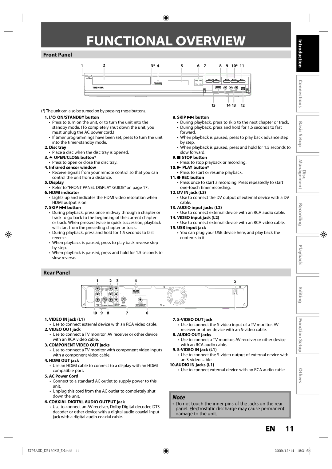 Toshiba DR430 owner manual Functional Overview, Front Panel, Rear Panel 