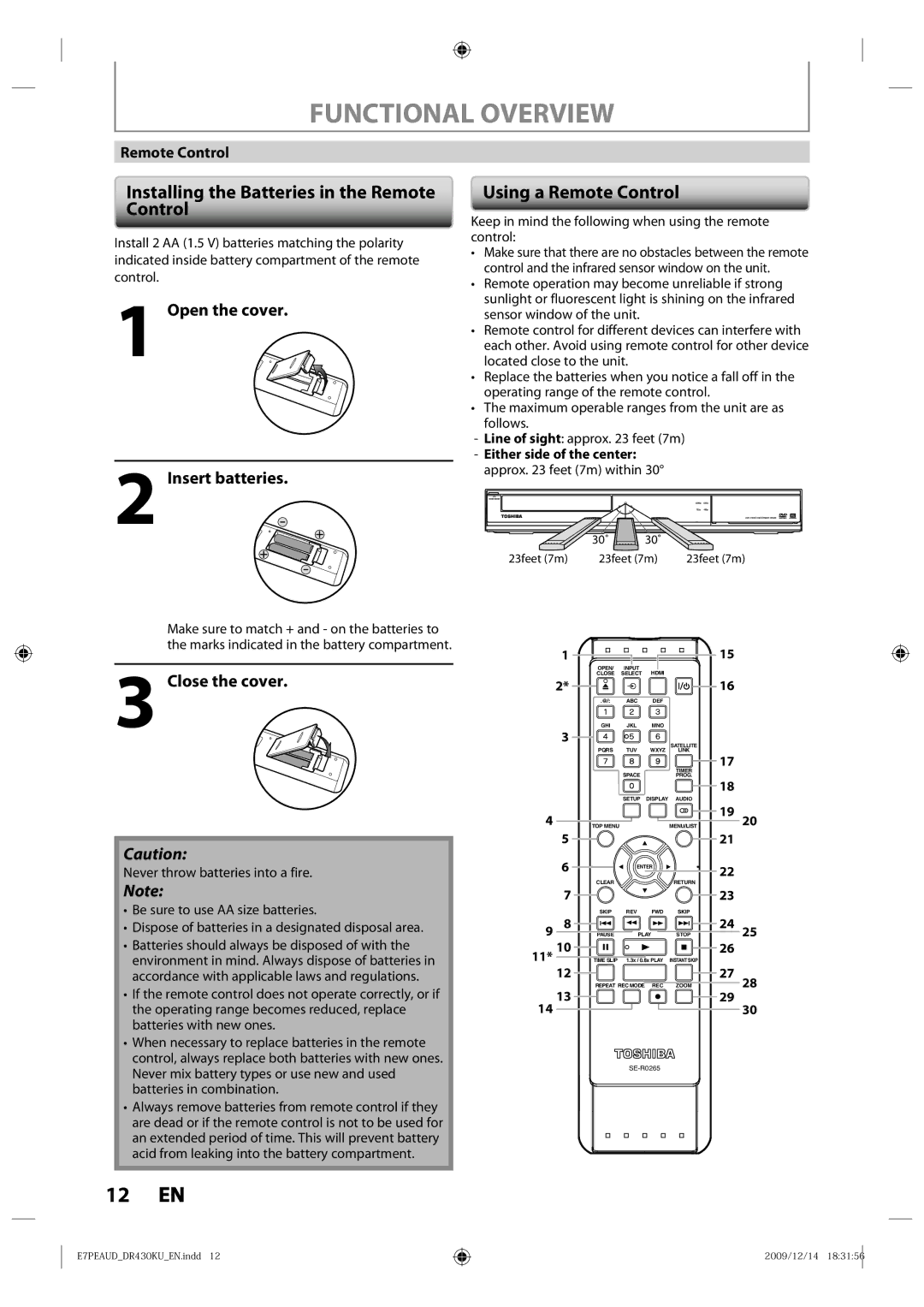 Toshiba DR430 Functional Overview, Installing the Batteries in the Remote Control, Using a Remote Control, Close the cover 