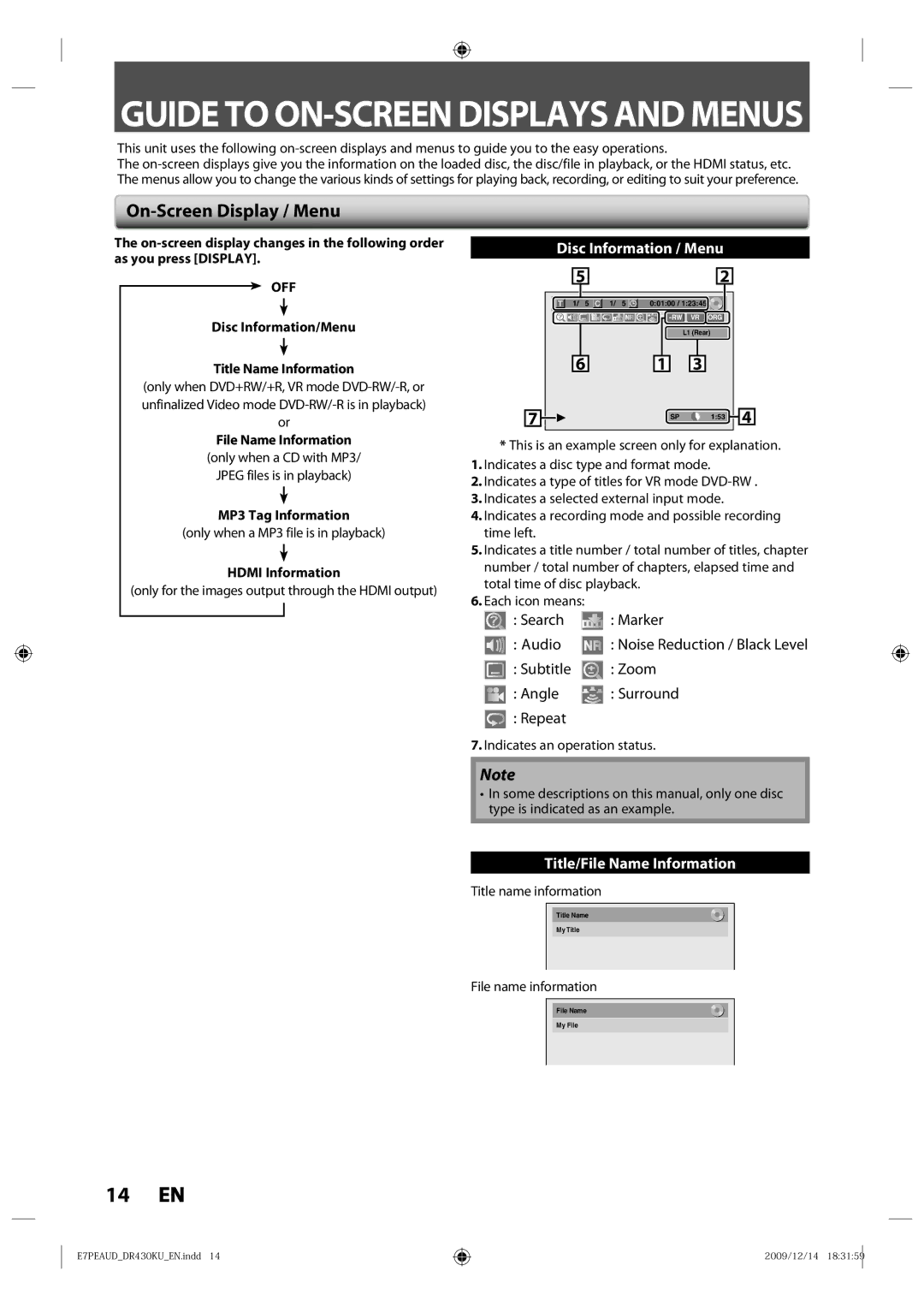 Toshiba DR430 owner manual On-Screen Display / Menu 