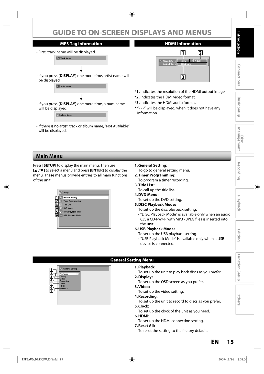 Toshiba DR430 owner manual Guide to ON-SCREEN Displays and Menus, Main Menu 