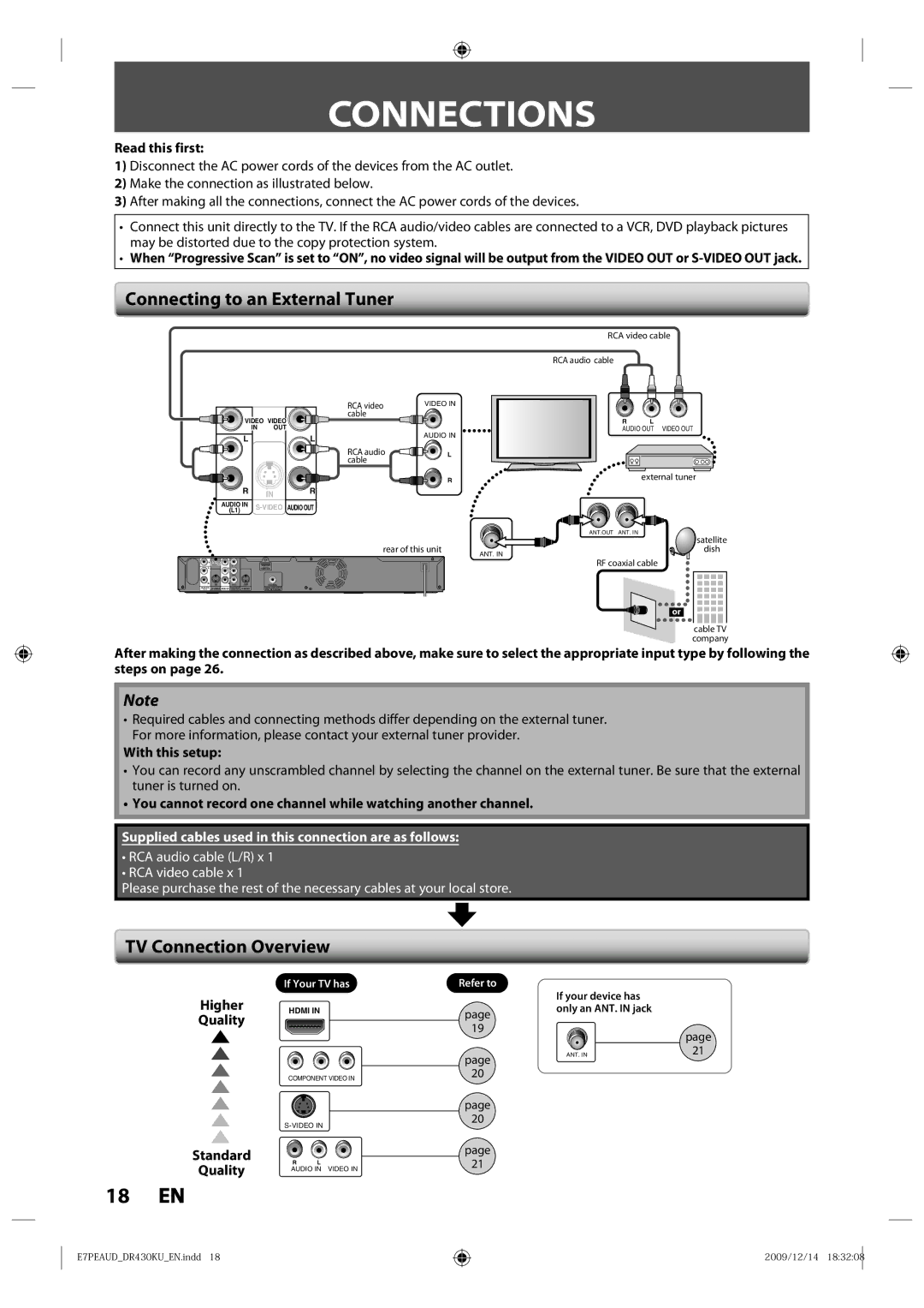 Toshiba DR430 owner manual Connections, Connecting to an External Tuner, TV Connection Overview 