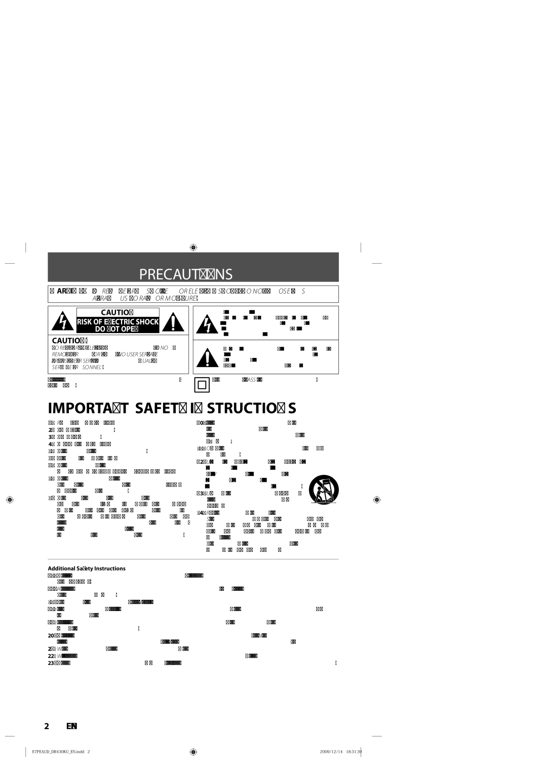 Toshiba DR430 owner manual Precautions, Symbol for Class ll Double Insulation, Additional Safety Instructions 