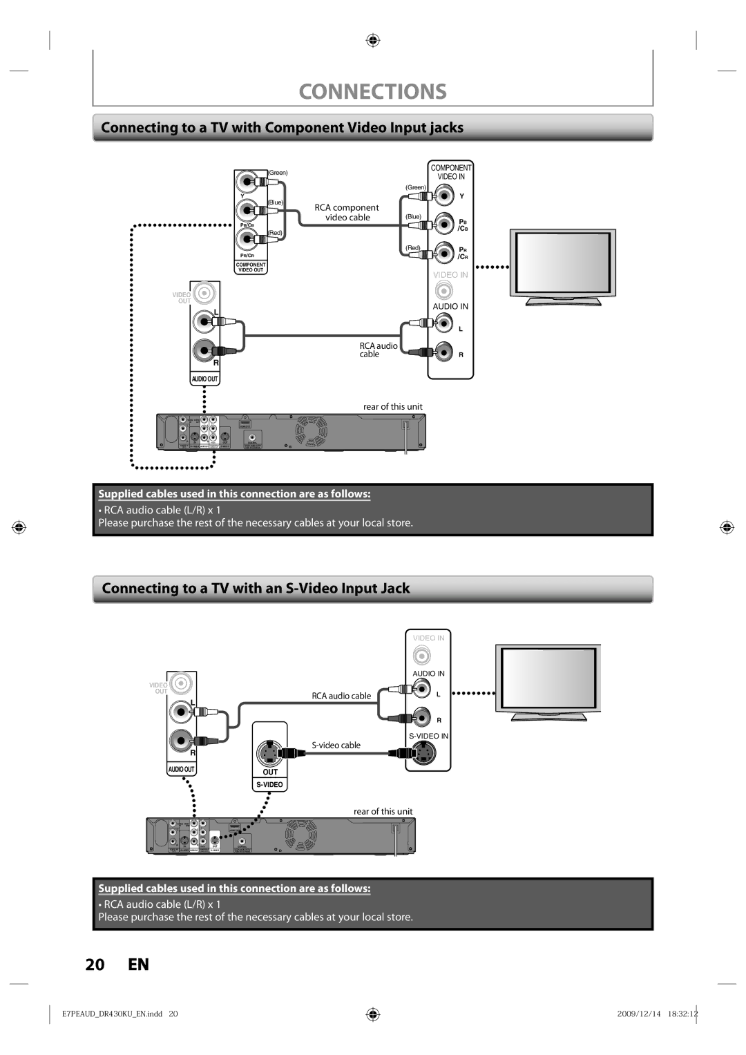 Toshiba DR430 Connecting to a TV with Component Video Input jacks, Connecting to a TV with an S-Video Input Jack 