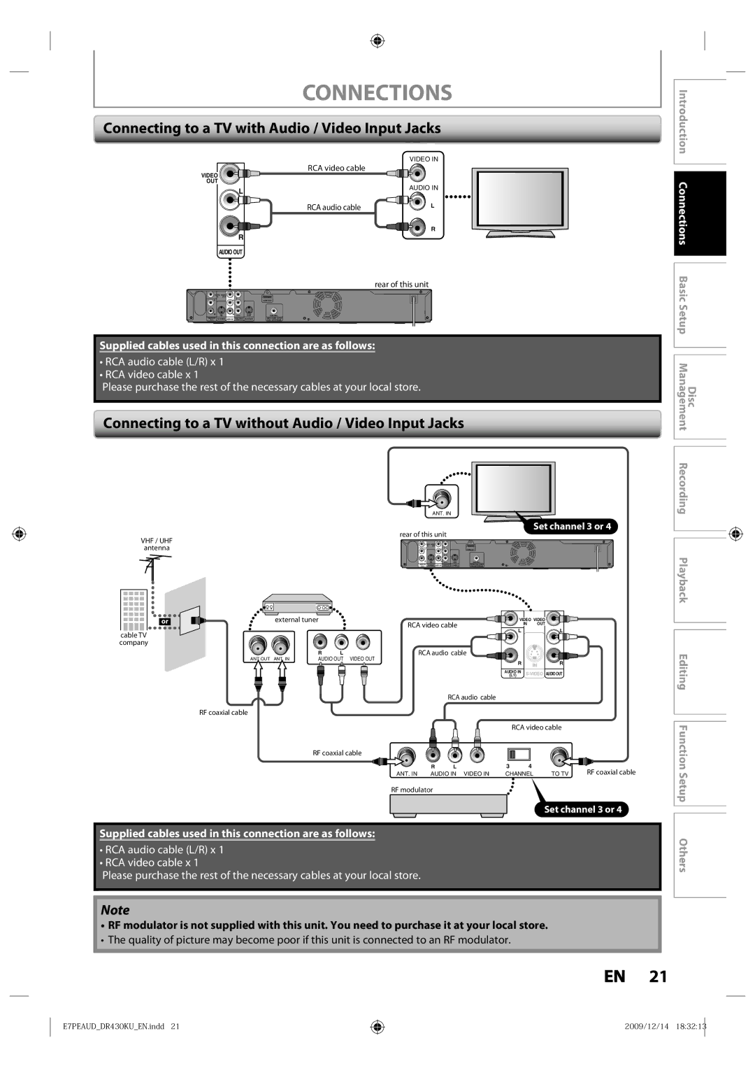 Toshiba DR430 Connecting to a TV with Audio / Video Input Jacks, Connecting to a TV without Audio / Video Input Jacks 