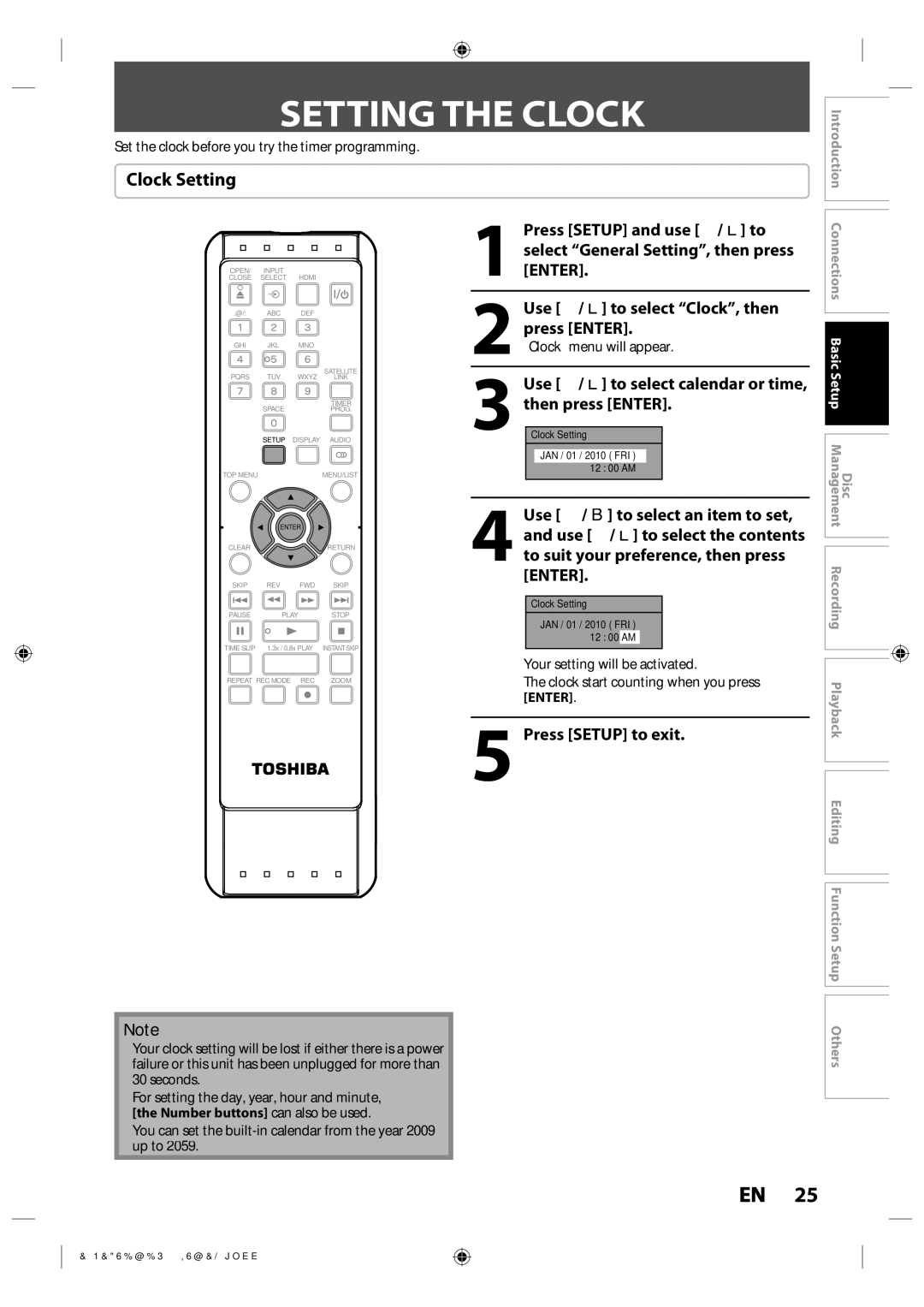 Toshiba DR430 owner manual Setting the Clock, Clock Setting, Use K / L to select calendar or time, then press Enter 